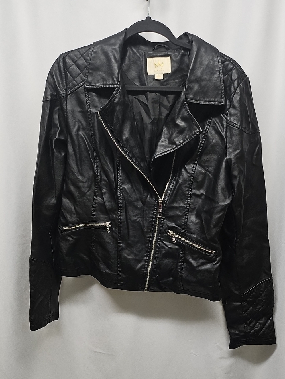 Nicki Minaj Black Faux Leather Moto Jacket with Quilted Shoulders